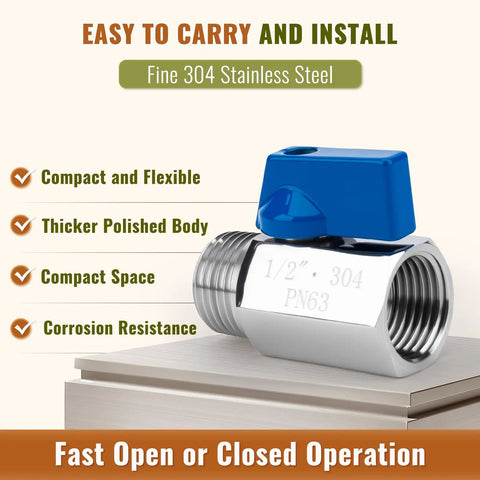 Two Pack One Half Inch Mini Ball Valve Set In 304 Stainless Steel With NPT Female To Male Thread Shutoff Valves
