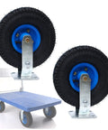 Premium Heavy Duty Fixed Caster Wheels With Thick Rubber Tires Eight Inch And Ten Inch Industrial Rollers Galvanized Steel Brackets on a cart.