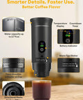 Kickstart Your Journey With This Grab And Go Portable Espresso Machine Featuring Smart Led Display And 20 Bar Battery Powered Coffee Maker To Smash Cravings On The Trail Or At Home, showcasing features like temperature display, capacity markers, and battery indicator.