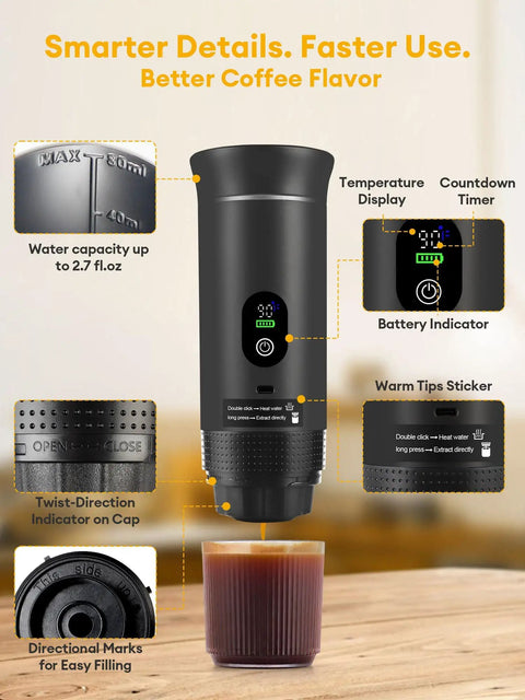 Kickstart Your Journey With This Grab And Go Portable Espresso Machine Featuring Smart Led Display And 20 Bar Battery Powered Coffee Maker To Smash Cravings On The Trail Or At Home, showcasing features like temperature display, capacity markers, and battery indicator.