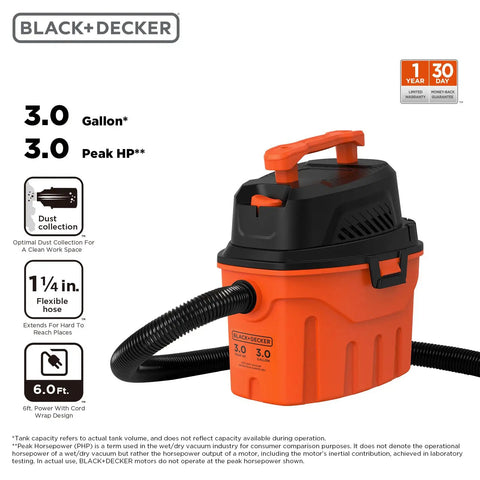 No Sweat Three Gallon Wet Dry Shop Vacuum Portable Corded Build With Smart Float Valve And Ten Foot Reach Comes Ready With Full Tool Kit, 3.0 gal, 3.0 Peak HP, features dust collection.