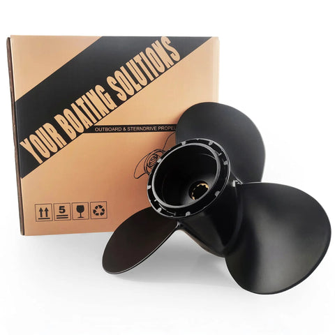 10 And A Quarter Diameter Propeller For Suzuki Outboard Engines 25 To 30HP Right Rotation 3 Blade 10 Tooth Spline 10 Pitch OEM Grade Performance 58100 96410 019 displayed in front of packaging box