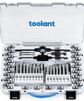 Heavy Duty 81-Piece Tap And Die Set For Metric And Sae Threads Made Of Premium GCr15 Tool Steel To Repair Damaged Screws Fast Without Hassle, open case