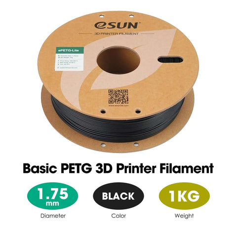 Basic PETG 3D printer filament spool, black color, 1.75mm diameter, 1kg weight, suitable for durable and strong prints.