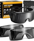 No Sweat Anti Fog Safety Glasses With ANSI Z87 Toughened Lenses UV400 Anti Scratch Side Shields And Quick Adjust Temples For Daily Jobsite Heavy Lifters In A Reliable Three Pack Gray Kit, featuring two pairs of glasses and a box.