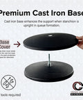 Set Of 2 Dual Retractable Belt Barrier Stanchions With Cast Iron Bases And Black Posts, 7.5 Foot Belts, showing base cover