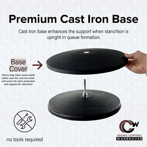 Set Of 2 Dual Retractable Belt Barrier Stanchions With Cast Iron Bases And Black Posts, 7.5 Foot Belts, showing base cover