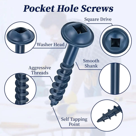 Job Site Ready Pocket Hole Screws One Quarter Inch Number Eight Coarse Thread Washer Head Square Drive for outdoor use.