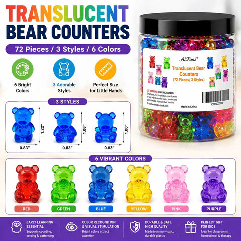Kid Approved Counting Bears And Math Counters With Storage Bin Montessori Color Sorting Toys For Toddlers Preschool STEM Learning displayed in a jar, featuring 72 colorful plastic bear counters.