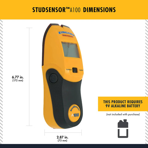 Smart Stud Finder And Wall Scanner With Edge Locating Tech And WireWarning AC Detection dimensions and battery info