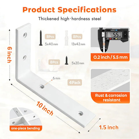 Diagram of 10 Inch Heavy Duty White Shelf Brackets For Wall Shelves L Corner Bracket Metal Iron Shelf Support with specs