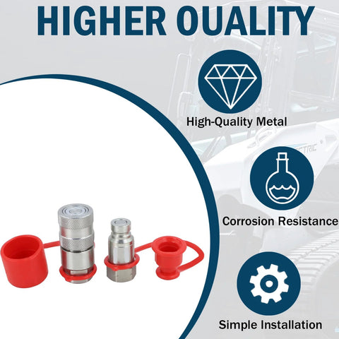 Pair of 1/4-inch skid-steer flat-face hydraulic quick-connect couplers with red dust caps