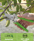 Hand using 8.5 Inch Bypass Pruning Shears With Forged Stainless Steel Blades, Three Quarter Inch Cutting Capacity on branch