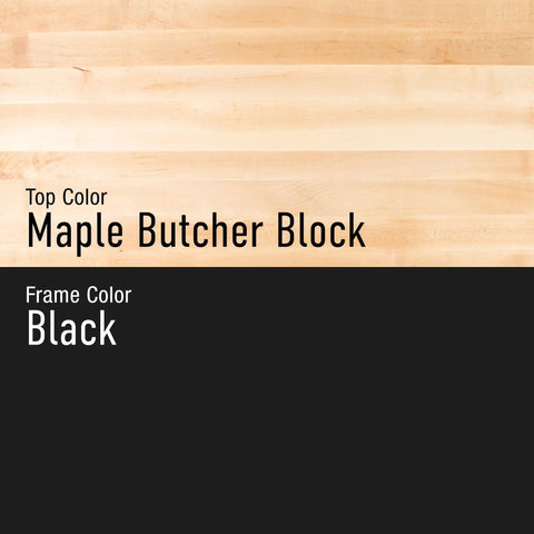 Heavy Duty Black Steel And Hardwood Top Workbench Boasting Eight Padlockable Locker Cabinets Built Like A Tank For Boss Grade Garage Storage And Serious Shop Sessions, featuring maple butcher block top and black frame.