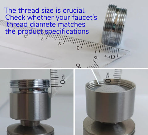 Total Game Changer Brushed Nickel Faucet Extender With 360 Degree Swivel And Dual Flow Spray Nozzle, showing thread size measurements.