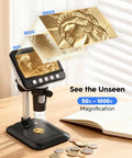 4 Point 3 Inch LCD USB Digital Coin Microscope With Screen 1080P HD Imaging Real Time Video 50X To 1000X Magnification Eye Friendly Viewing For Coins And Tiny Details on desk