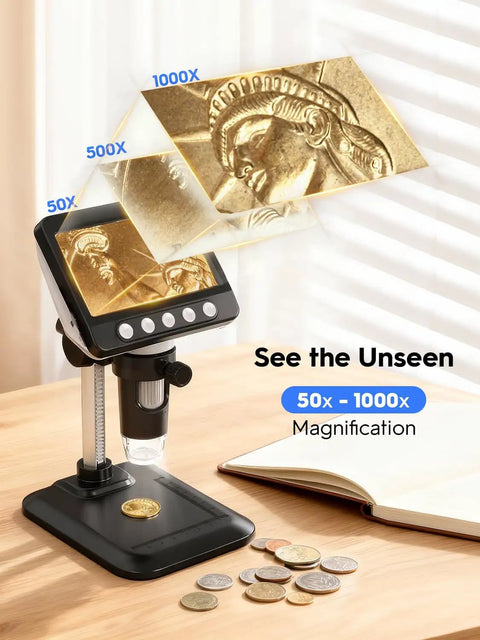 4 Point 3 Inch LCD USB Digital Coin Microscope With Screen 1080P HD Imaging Real Time Video 50X To 1000X Magnification Eye Friendly Viewing For Coins And Tiny Details on desk