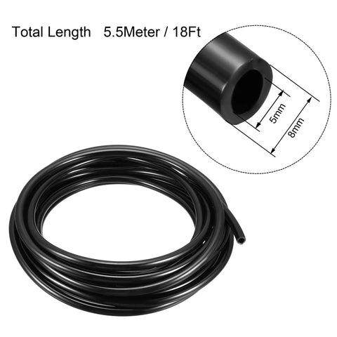 Black coil of Durable PU Polyurethane Air Tubing 8mm OD by 5mm ID, 5.5m length, with detail on dimensions, for pneumatic tools and air compressors