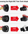 Heavy Duty IBC Tote Adapter Kit For 275 330 Gallon Drums With Three Thread Sizes 1/2 In NPT Inlet, 2 In Fine, 2 In Coarse, And 3/4 In Male GHT Brass Hose Faucet Connector With High Flow Shutoff, brass and black plastic adapters