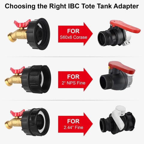 Heavy Duty IBC Tote Adapter Kit For 275 330 Gallon Drums With Three Thread Sizes 1/2 In NPT Inlet, 2 In Fine, 2 In Coarse, And 3/4 In Male GHT Brass Hose Faucet Connector With High Flow Shutoff, brass and black plastic adapters