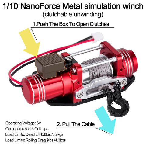 Sick Simulated Electric Winch Made From CNC Aluminum Alloy For 1 10 Rc Crawler Upgrade Parts With Realistic Red Finish and visible controls.