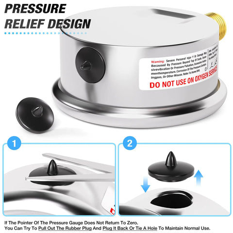 Stainless Steel Liquid Filled Pressure Gauge With 2.5 Inch Dial And Lower Mount, Pressure Relief Design, Close-Up View