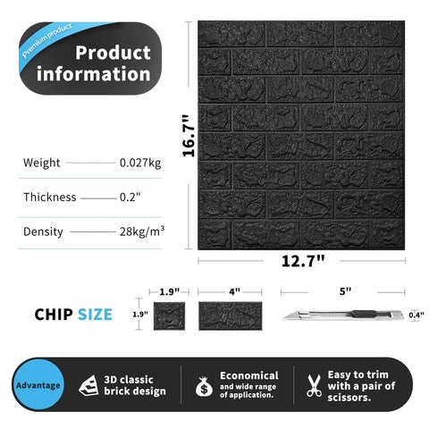 Diagram showcasing size and features of Black Faux Brick Peel And Stick Wall Panels for Living Room, Bedroom, and Laundry.
