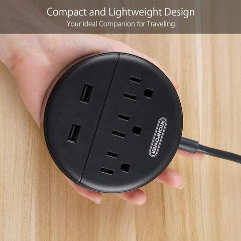 Compact Three Outlet Power Strip With Two USB Ports And Flat Plug Five Foot Cord shown in hand on wooden surface