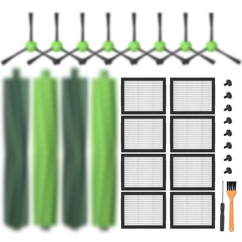 Beefed Up Replacement Parts Kit For E I And J Series Robot Vacuums showing rubber brushes, HEPA filters, edge brushes, cleaning tool.