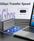 Dual Bay Usb C Raid Enclosure Fits 2.5 Or 3.5 Sata Drives With Cooling Fan Expands Storage To 48Tb connected to a laptop showcasing 6Gbps speed.