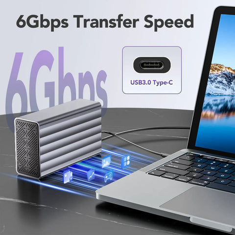 Dual Bay Usb C Raid Enclosure Fits 2.5 Or 3.5 Sata Drives With Cooling Fan Expands Storage To 48Tb connected to a laptop showcasing 6Gbps speed.