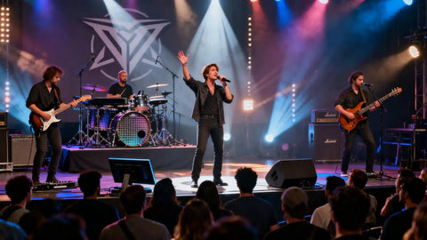Live band performing on stage with singer, guitarist, bassist, and drummer under colorful stage lights and audience watching.