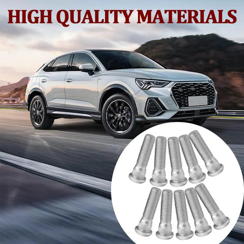 Car on road with inset of 10 Pieces Steel Wheel Studs And Lug Bolts Kit 49mm Long M12x1.5 Replacement For CT200h ES300 GS350 And Other Toyota Lexus Models Beefy Heavy Duty Automotive Tire Studs For A Solid Hub Connection.