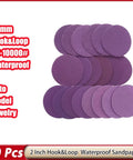 Grab These 2 Inch Wet Dry Sanding Discs With Flocking Backing For Wood Polishing And Surface Prepping From Coarse Grit 60 To Ultra Smooth 10k Silicon Carbide Abrasives That Work Like Magic On Any Project You Got Going Right Now.: 20 pieces of 2-inch purple waterproof sanding discs in various grits.
