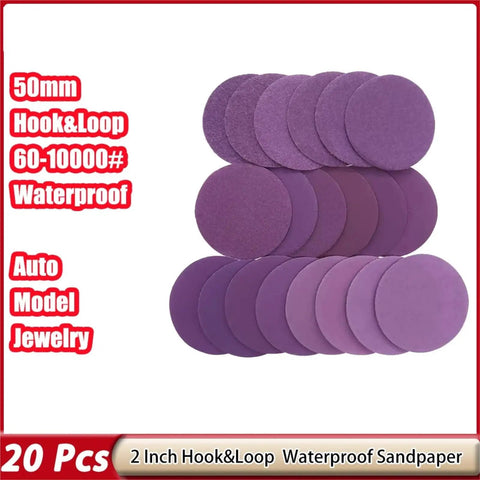 Grab These 2 Inch Wet Dry Sanding Discs With Flocking Backing For Wood Polishing And Surface Prepping From Coarse Grit 60 To Ultra Smooth 10k Silicon Carbide Abrasives That Work Like Magic On Any Project You Got Going Right Now.: 20 pieces of 2-inch purple waterproof sanding discs in various grits.