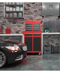 Garage Ready Rolling Tool Chest With Detachable 5-Drawer Chest Liners And Wheels Heavy Duty Steel Organizer Rustproof Powder Coat Built To Last For Home Shop Warehouse And Repair Jobs Red in garage beside car