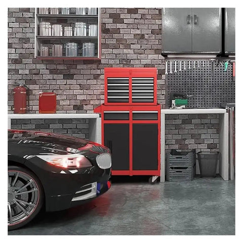 Rolling Garage Workshop Tool Organizer Ready To Roll On Wheels With Detachable Five Drawer Chest Liners And Durable Build For Home Shop Or Warehouse Use Heavy Duty Steel Construction With Rustproof Powder Coating EVA Padding In Each Drawer Red red rolling steel tool cabinet with five drawers in garage