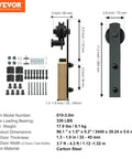 8 Ft Double Door Sliding Barn Door Hardware Kit With Quiet I Shaped Rollers shown with components and measurements