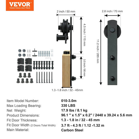 8 Ft Double Door Sliding Barn Door Hardware Kit With Quiet I Shaped Rollers shown with components and measurements