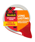 Heavy Duty Clear Packing Tape With Refillable Dispenser in packaging, featuring red dispenser and branding