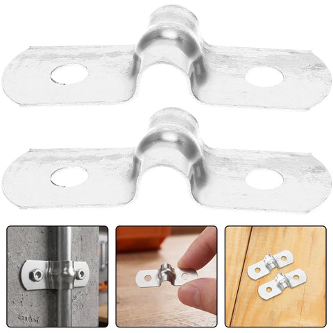 Hella Tough 100 Pack Stainless Steel U Shaped Pipe Clamps Double Hole Conduit Brackets silver dual pipe clamp close-up view