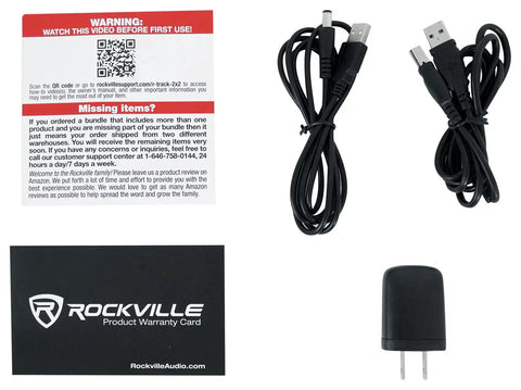 Contents of accessories for Premium USB Audio Interface with cables, charger, and warranty card visible in studio recording setup