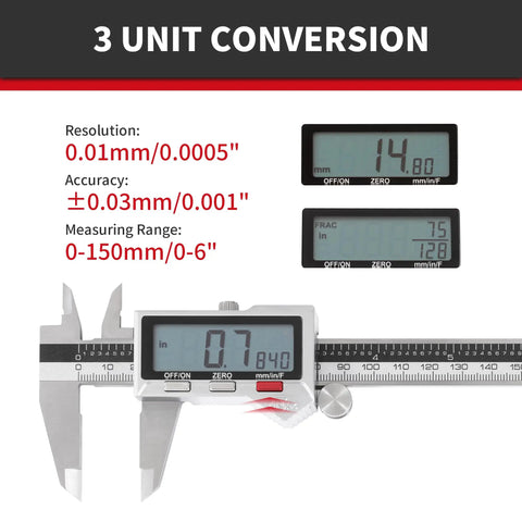8 Inch Digital Caliper In Stainless Steel IP54 With Inch Millimeter Fraction Conversion And Large LCD Screen 0.001in Precision