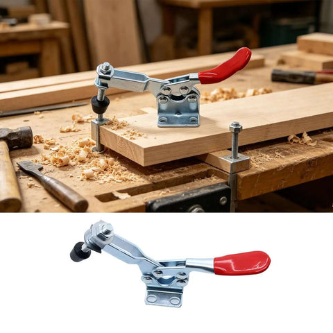 Two Pack 225D Horizontal Toggle Clamp Set, Heavy Duty Hold Down Clamps For Woodworking And Carving Fixtures on a wooden workbench