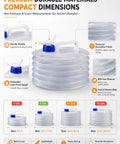 Diagram showing Collapsible Water Tank With Spigot For Camping And Road Trips, Accordion Style Storage Jug with handle and spigot details.