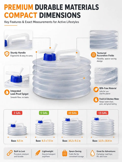 Diagram showing Collapsible Water Tank With Spigot For Camping And Road Trips, Accordion Style Storage Jug with handle and spigot details.