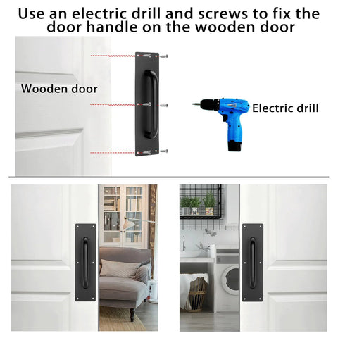 Installation guide for Stainless Steel Door Push Plates 4 Pack With Screws on wooden door using electric drill.