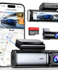 4K Front And Rear Dash Cam With Built-In 5G WiFi GPS, 64GB Included, 3.59 Inch IPS Screen displaying GPS and car footage.
