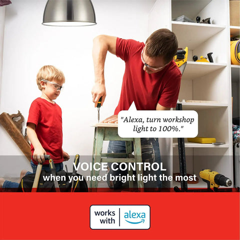 Man using Alexa Compatible Smart Light Bulbs 100W Equivalent, 1500 Lumens, Soft White 2700K in a workshop with child