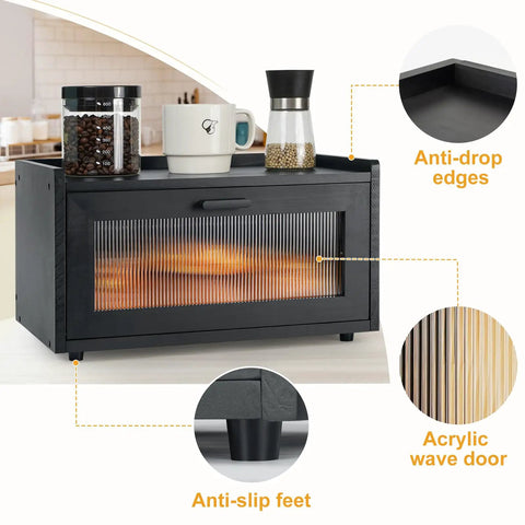 Stackable Pine Wood Bread Box For Kitchen Countertop With Magnetic Acrylic Door Large Black Keeps Bread Fresh For Days